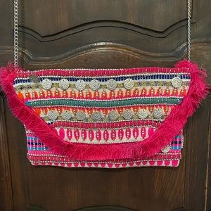 Boho CLUTCH purse bright colors w silver accents & chain strap NWT